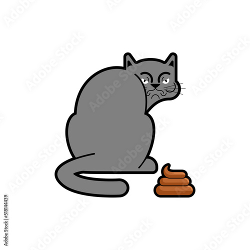 Resentful cat pooped. Pet is offended and shit. bad home animal Vector illustration