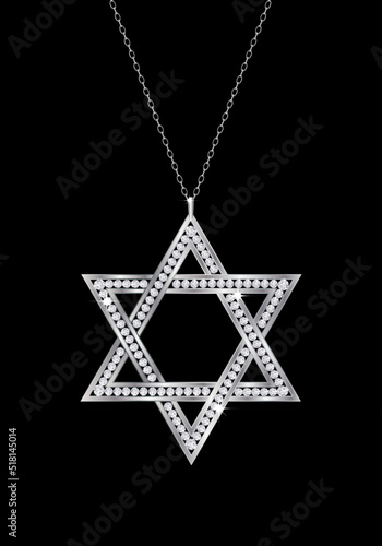 Star of David diamond necklace in silver or platinum, and isolated over a black background. EPS10 vector format. 