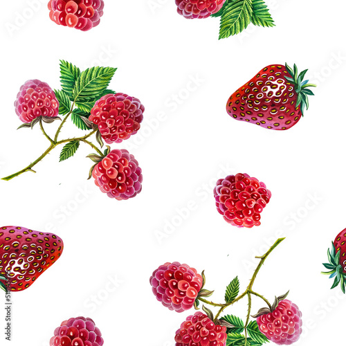 Berries. Seamless pattern with strawberries and raspberries. Watercolor. For design solutions for packaging