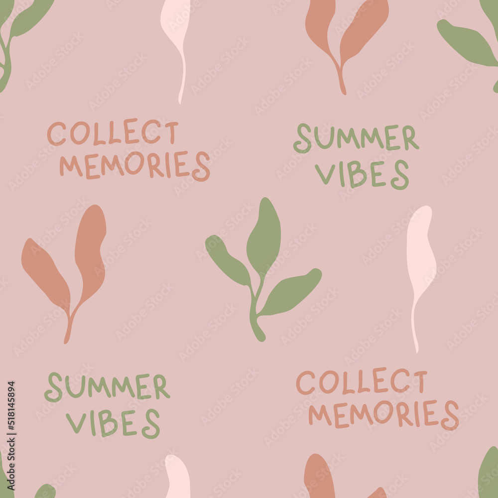Obraz premium Doodle seamless pattern with small plant and text. Simple aesthetic print for tee, fabric, stationery. Hand drawn vector illustration for decor and design.