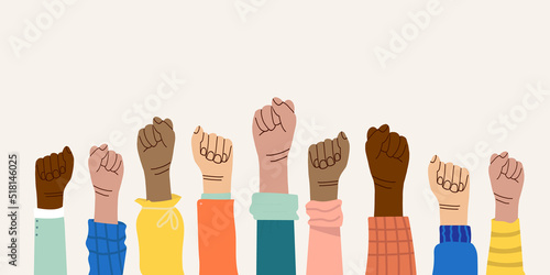 Hands and fists of people of different nationalities and races raised in the air. Protest and strike. Fighting for their rights. Men and women express dissatisfaction and defend their position