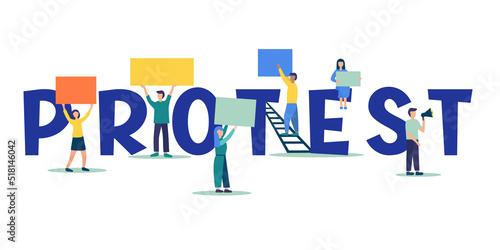 People with placards and banners in their hands protest and participate in the demonstration and rally. Activists express discontent and defend their position. A political revolution. Flat vector