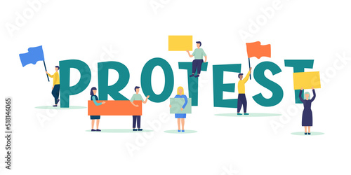 People with placards, banners and flags in their hands protest and participate in the demonstration and rally. Activists express discontent and defend their position. A political revolution