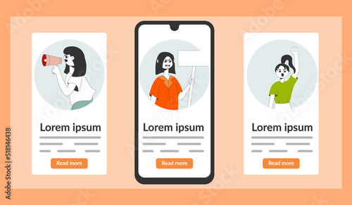 Set of onboarding screens user interface kit, mobile app templates concept with protesting woman. Modern UX, UI screen for mobile or responsive web site.
