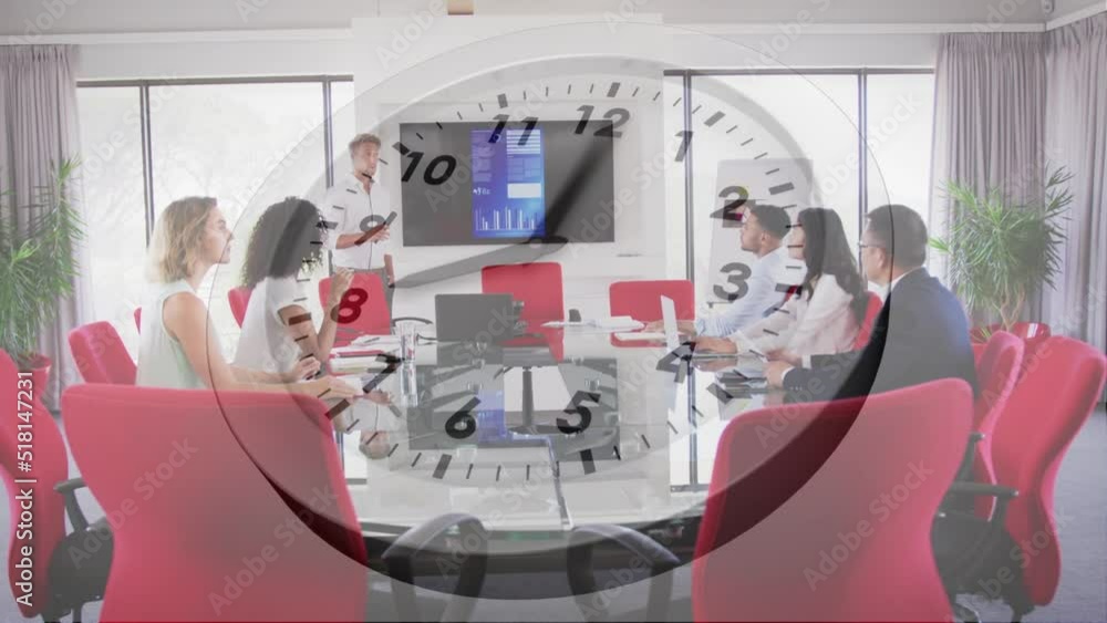 Animation of clock over diverse group of business people Animation of clock over diverse group of business people