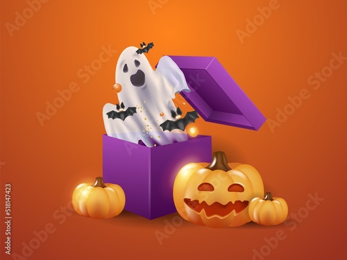 Halloween banner template with 3d funny pumpkins, sweets, ghost, bats flying out of the box. on an orange background.Creepy website template with space for text