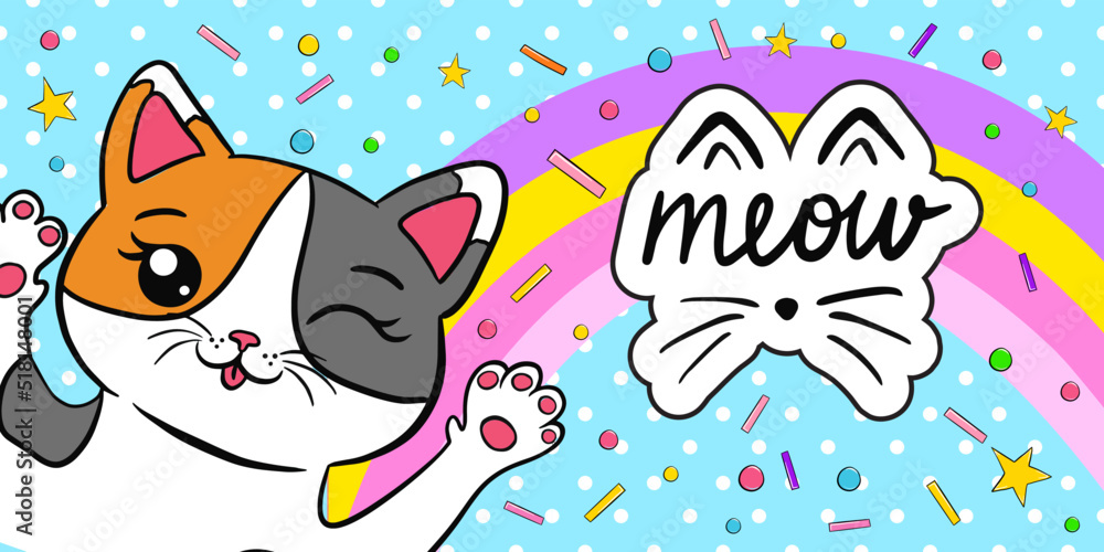 Cute Adorable Kawaii Cat vector banner, trendy background