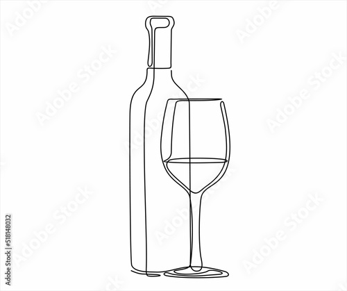Continuous line one drawing of wine bottle with wineglass. Vector illustration.