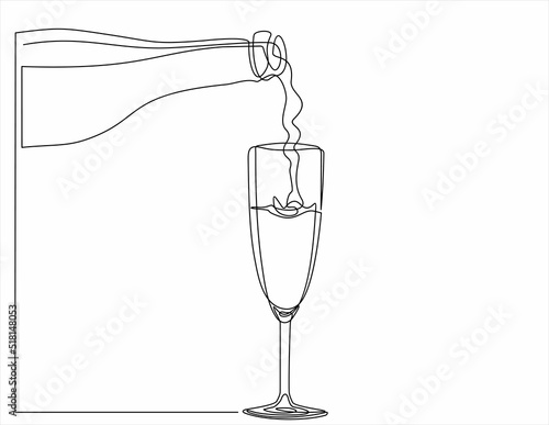 Prosecco glass The process of pouring wine into a glass. Pours champagne from a bottle into a glass. Line art, vector continuous line drawing. Black and white illustration. Christmas, New Year holiday