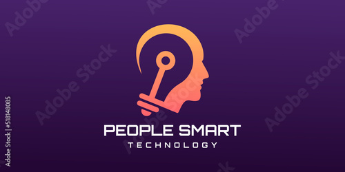 Creative head with light bulb concept logo vector design.
