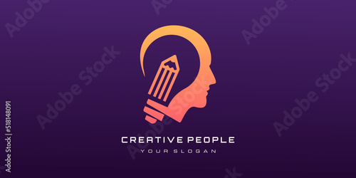 Creative head with light bulb and pencil concept logo vector design.