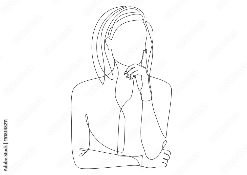 Continuous one line drawing of woman thinking. Continuous one line drawing of woman thinking.