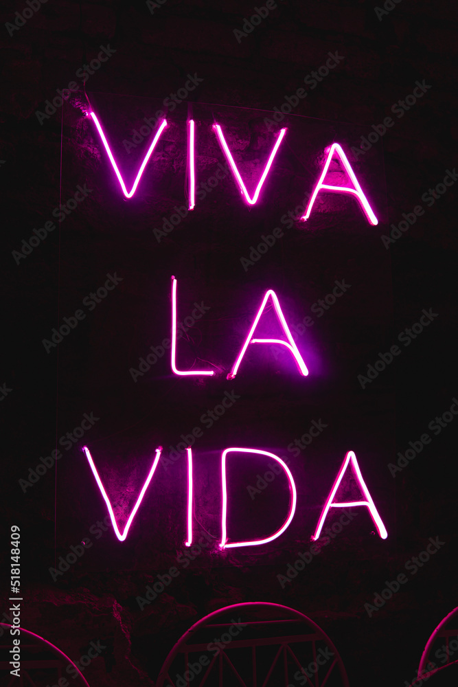 Sign in Spanish with neon light with the text Viva la Vida. Neon lights sign  on a black background. bright letters. A pink neon sign lit up a room.  Stock Photo