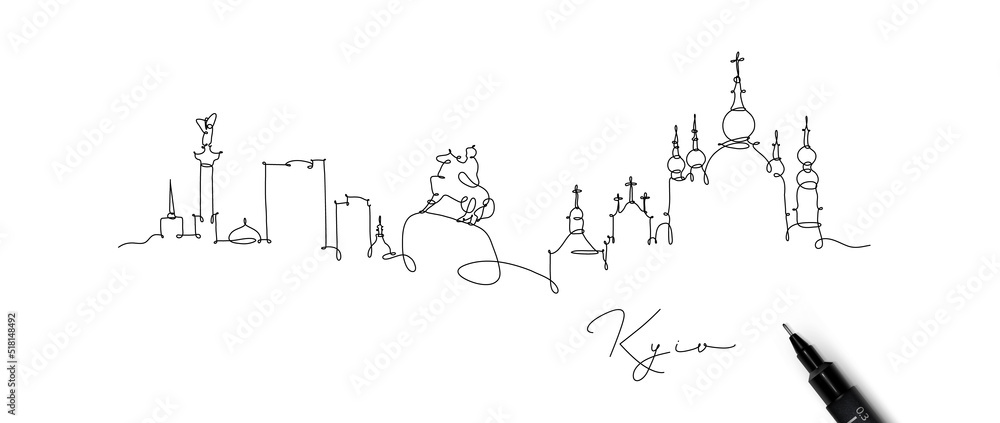 City silhouette Kyiv Ukraine in pen line style drawing with black lines on white background