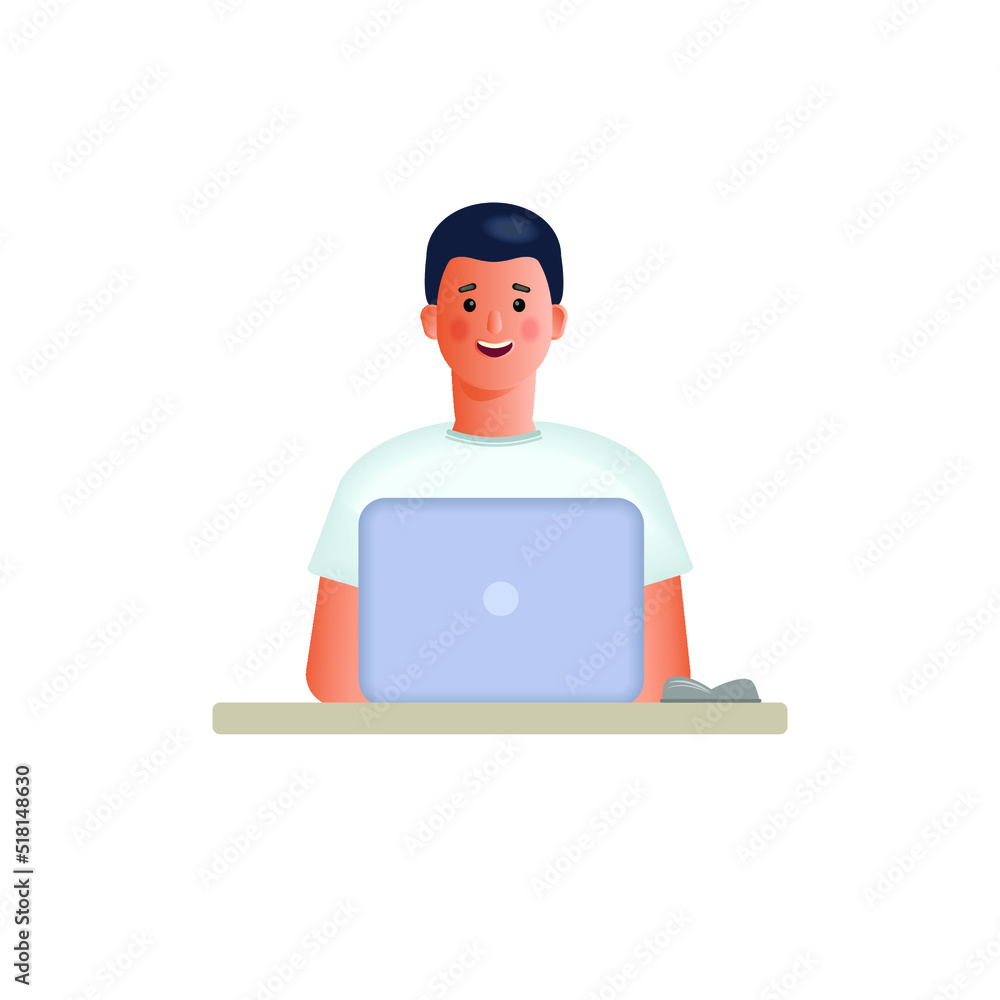 A young man is working on a laptop computer. Creative business ideas, planning of economic tasks.
 3d vector illustration. Cartoon style.