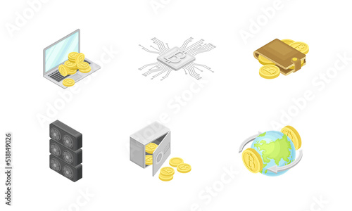 Virtual crypto currency related signs set. Bitcoin mining financial technology concept vector illustration