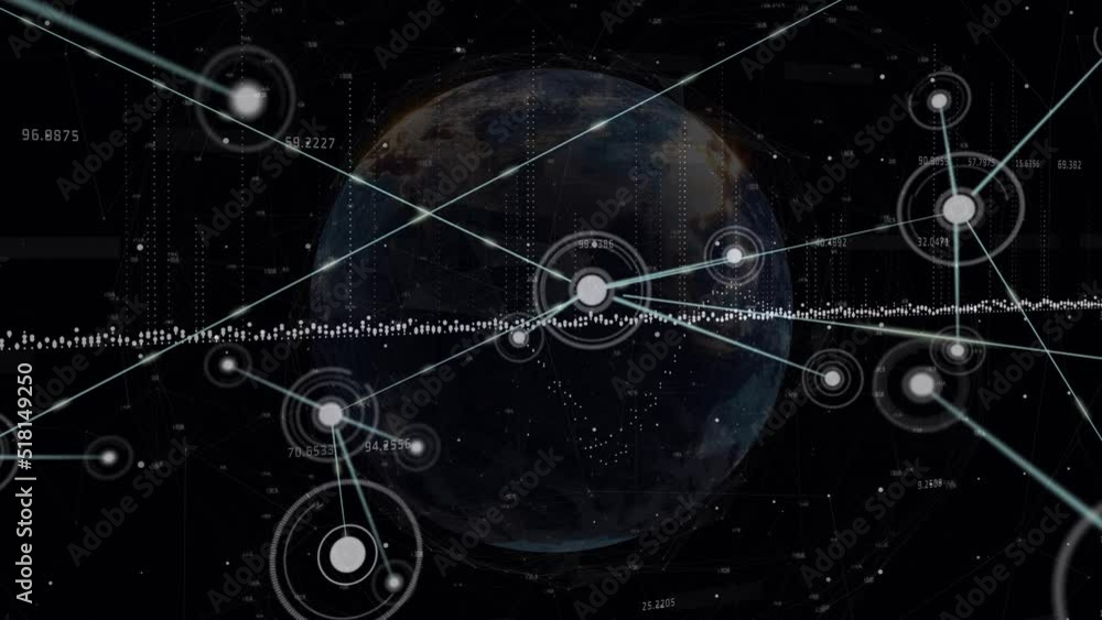 Animation of network of connections and data processing over dark background Animation of network of connections and data processing over dark background