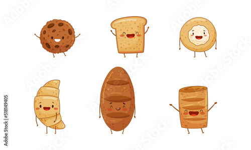 Funny pastries characters set. Tasty bakery products vector illustration