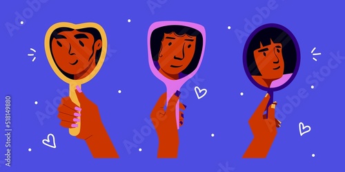 Woman hand holding mirror. Abstract female characters staring at their face in mirror reflection, flat style. Vector set