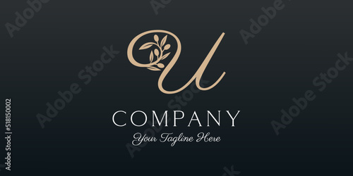 letter U combined twig Olive oil logo design template.