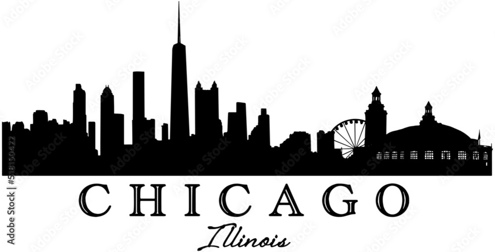 Chicago Skyline and Navy Pier in Silhouette with text 