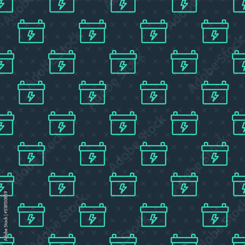 Green line Car battery icon isolated seamless pattern on blue background. Accumulator battery energy power and electricity accumulator battery. Vector