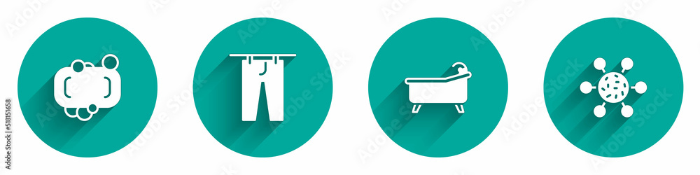 Set Bar of soap, Drying clothes, Bathtub and Bacteria icon with long shadow. Vector Set Bar of soap, Drying clothes, Bathtub and Bacteria icon with long shadow. Vector