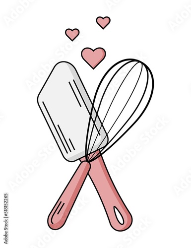 baking with wire whisk logo on white background isolated. Hand drawn isolated metal whisk. Kitchen tools. Vector engraved icon. For restaurant and cafe menu, baker shop, bread, pasty, sweets. 