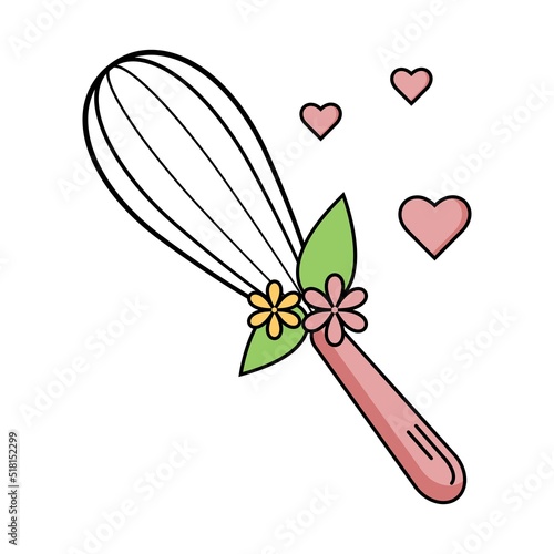 baking with wire whisk logo on white background isolated. Hand drawn isolated metal whisk. Kitchen tools. Vector engraved icon. For restaurant and cafe menu, baker shop, bread, pasty, sweets. 