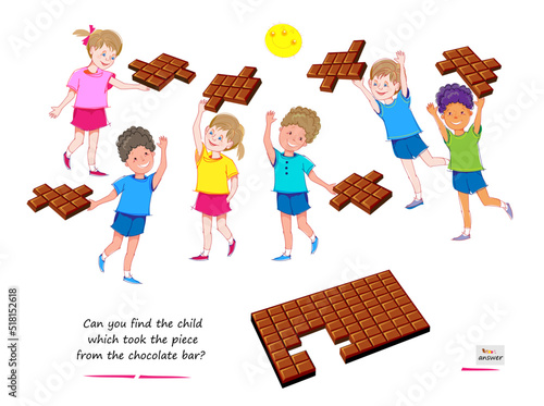 Logic game for smartest. 3D puzzle. Can you find the child which took the piece from chocolate bar? Play online. Developing spatial thinking. Page for brain teaser book. IQ test. Vector illustration.