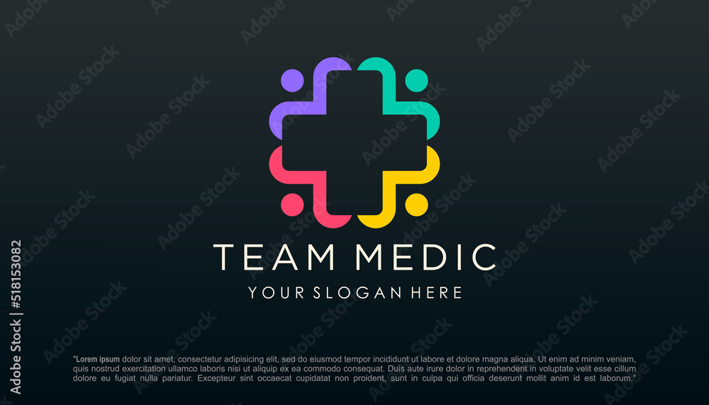 Fototapeta premium Cross Medical with People combination Logo Design Vector.
