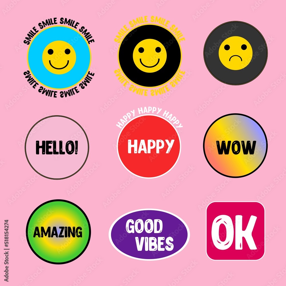 Stickers and inscriptions are funny, emoticons are stylish, romantic. Retro emoticons of pink, purple color.Rainbow gradients, psychedelics. Stylish and trendy retro stickers. Wow, excellent Stickers and inscriptions are funny, emoticons are stylish, romantic. Retro emoticons of pink, purple color.Rainbow gradients, psychedelics. Stylish and trendy retro stickers. Wow, excellent