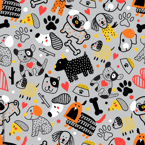 Cute doggie. Funny children's seamless pattern. Can be used in textile industry, paper, background, scrapbooking.Vector.