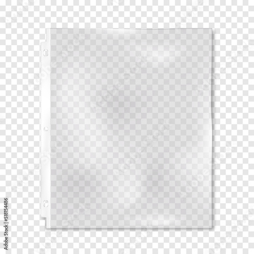 Clear plastic three hole punched paper sheet protector for 3 ring binder on transparent background realistic vector mock-up. Top-load document pocket mockup