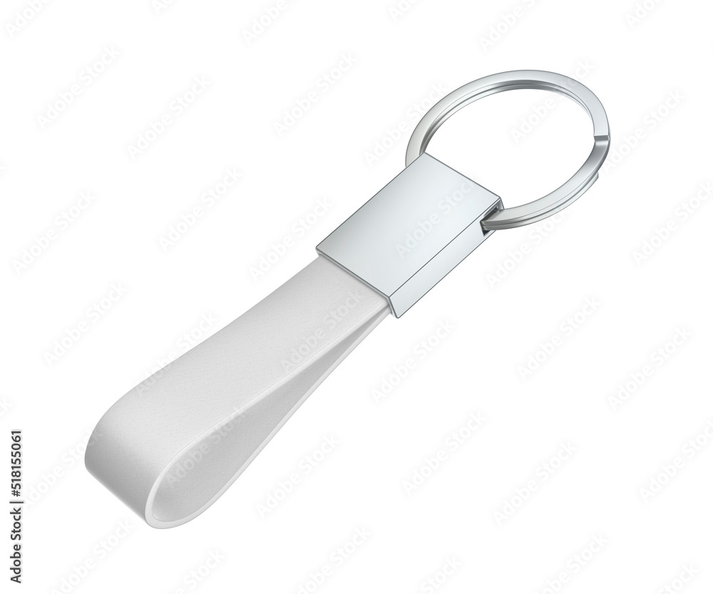 Silver keychain with white leather strap, isolated on white background Silver keychain with white leather strap, isolated on white background