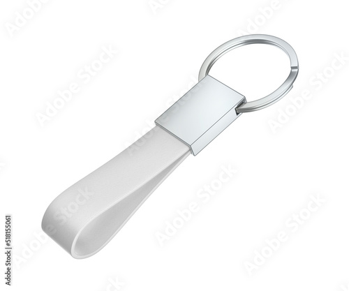 Silver keychain with white leather strap, isolated on white background