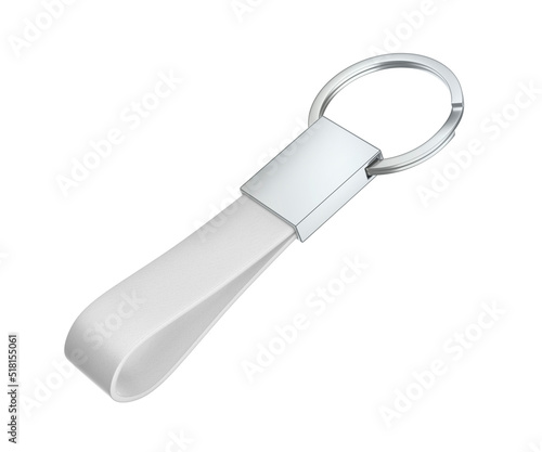 Photography Silver keychain with white leather strap, isolated on white background