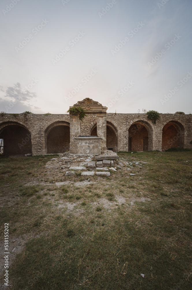 Italy, July 2022: architectural and naturalistic details on the island of San Nicola in the archipelago of the Tremiti Islands in Puglia
