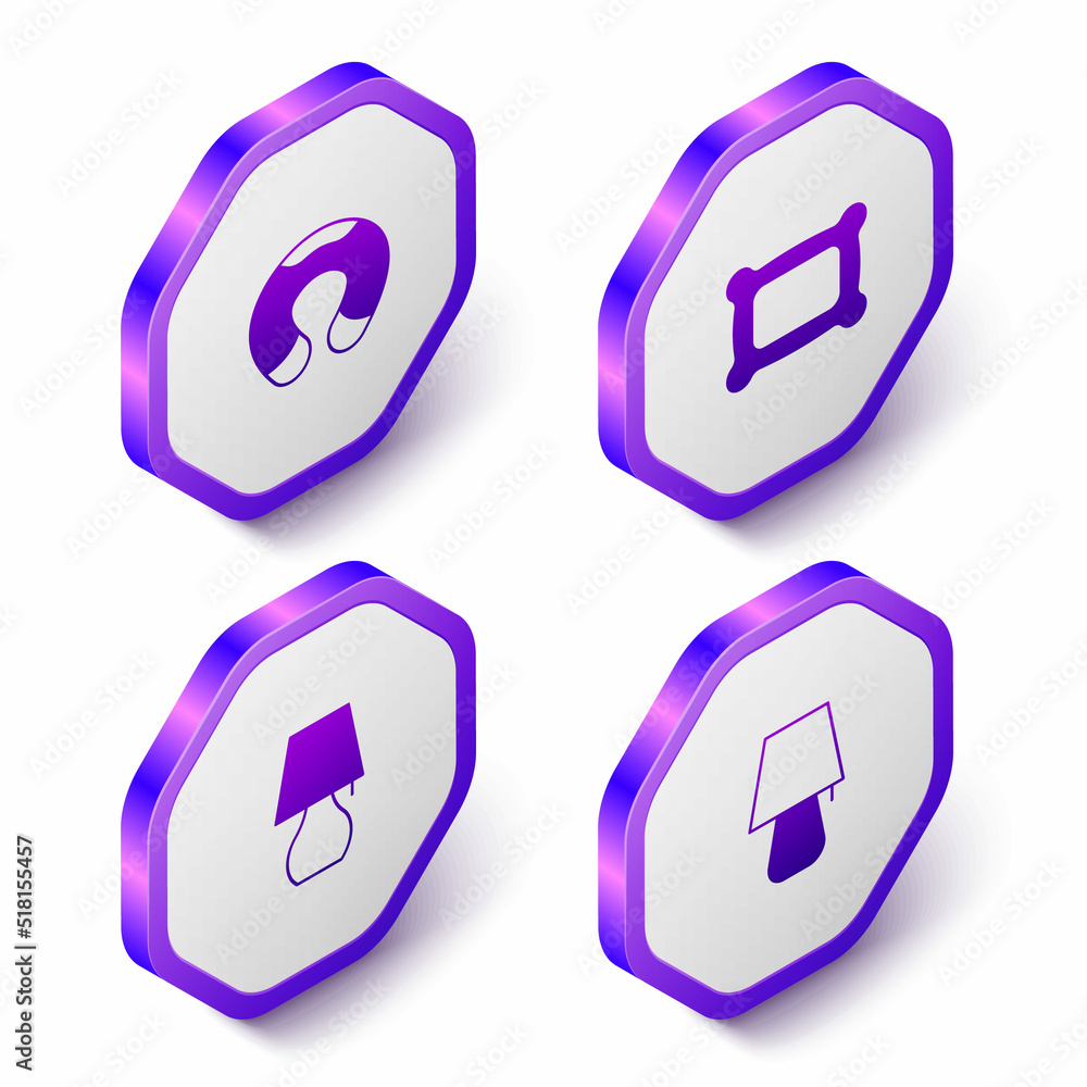 Set Isometric Travel neck pillow, Pillow, Table lamp and icon. Purple hexagon button. Vector Set Isometric Travel neck pillow, Pillow, Table lamp and icon. Purple hexagon button. Vector