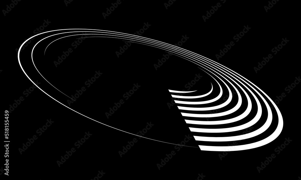 Circle with white speed lines as dynamic abstract vector background or logo or icon. Artistic illustration with perspective on black background.