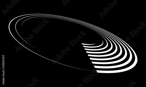 Circle with white speed lines as dynamic abstract vector background or logo or icon. Artistic illustration with perspective on black background.
