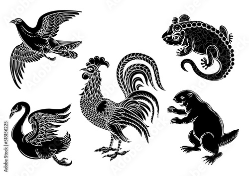 Symbolic heraldic animals and birds. Set off eagle, beaver, rooster, swan and salamander.Traditional character styles for coats of arms and shields. Clip art, elements for design Vector illustration.
