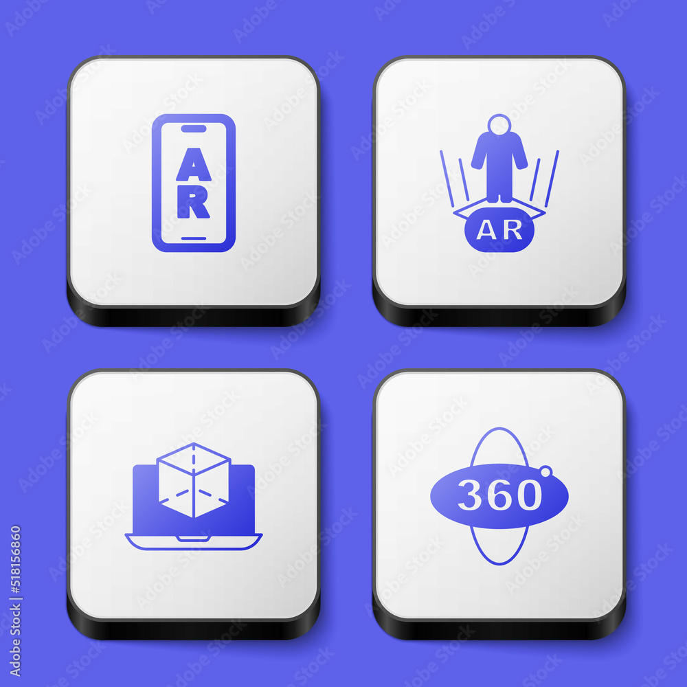 Set Augmented reality AR, 3d modeling and 360 degree view icon. White square button. Vector Set Augmented reality AR, 3d modeling and 360 degree view icon. White square button. Vector