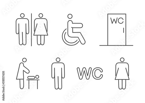 Set of toilet navigation icons. Wayfinding wc female male for disabled and mother and child room. Vector illustration
