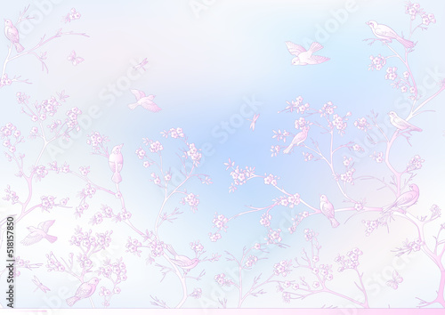 Fototapeta Naklejka Na Ścianę i Meble -  Cherry blossom branches against the sky with sparrow, finches. Seamless pattern, background. Vector illustration. Chinoiserie, traditional oriental botanical motif. In botanical style