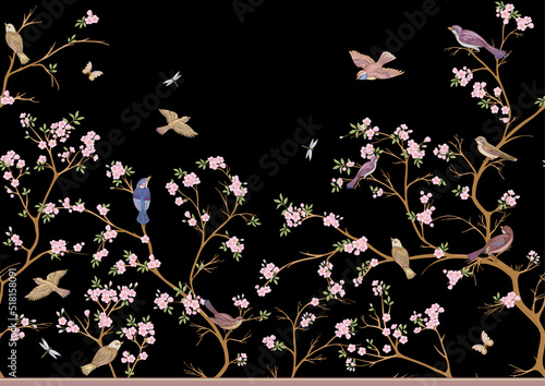 Cherry blossom branches against the sky with sparrow, finches. Seamless pattern, background. Vector illustration. Chinoiserie, traditional oriental botanical motif. In botanical style