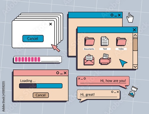 A set of user interface elements, UI and UX themes. In the vaporwave style of the 80-90s, retro collage. Vector illustration of windows and icons .