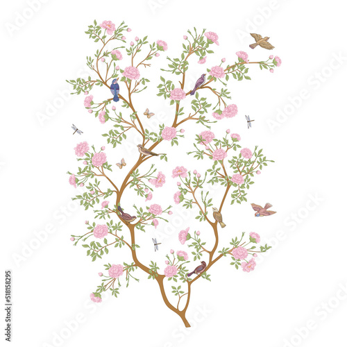 Camellia blossom tree With sparrow, finches, butterflies, dragonflies. Clip art, element for design Vector illustration. In botanical style