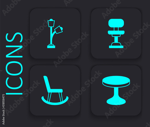 Set Round table, Floor lamp, Office chair and Armchair icon. Black square button. Vector