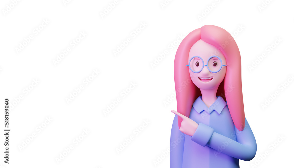 3D illustration of the woman pointing at the background for the aim point of content marketing, commercial announcement, and text designing 3D illustration of the woman pointing at the background for the aim point of content marketing, commercial announcement, and text designing